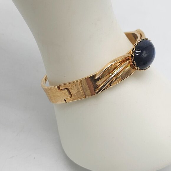 Vintage Gold Tone Hinged Bracelet With Blue Cabochon By Pcraft - Picture 2 of 5